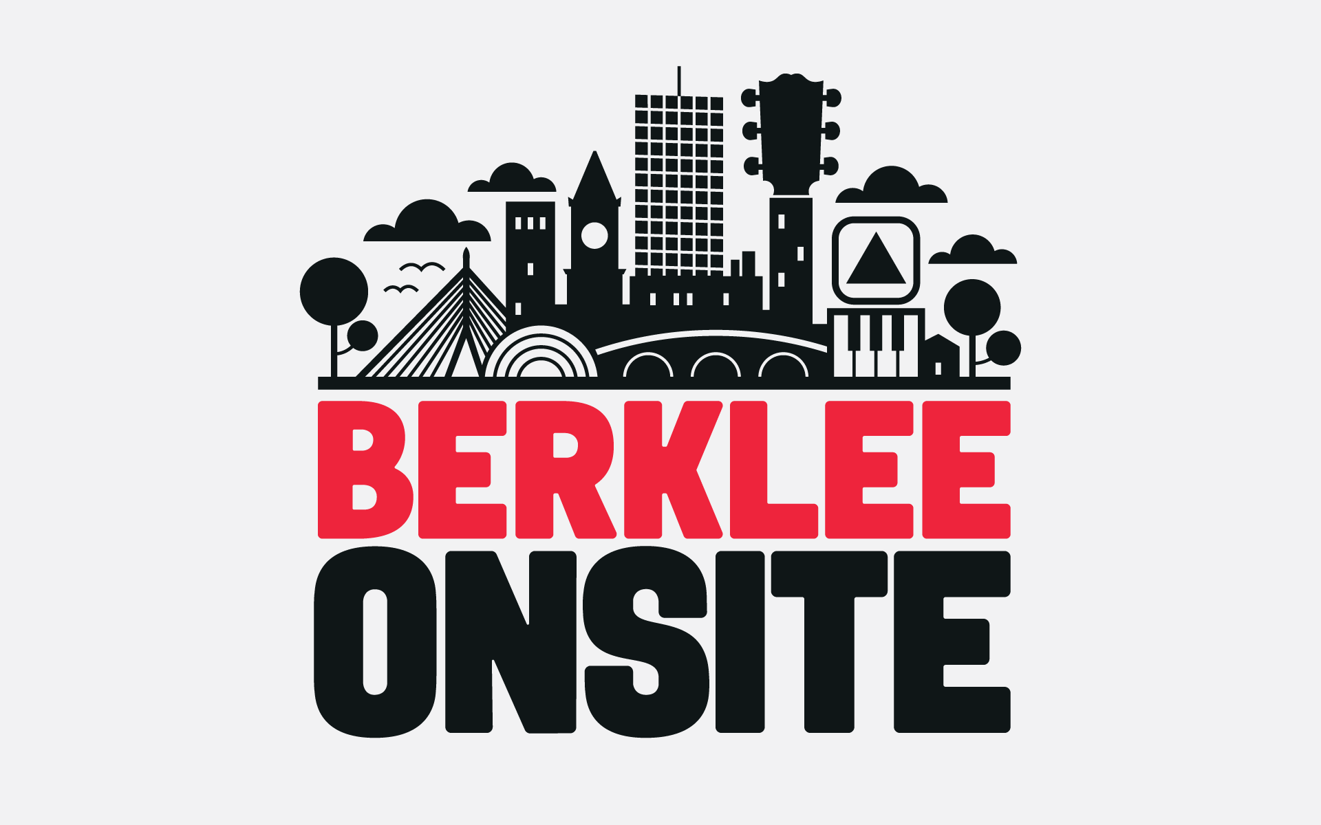 The logo for the Berklee Onsite music conference, with the city of Boston rendered in animated form